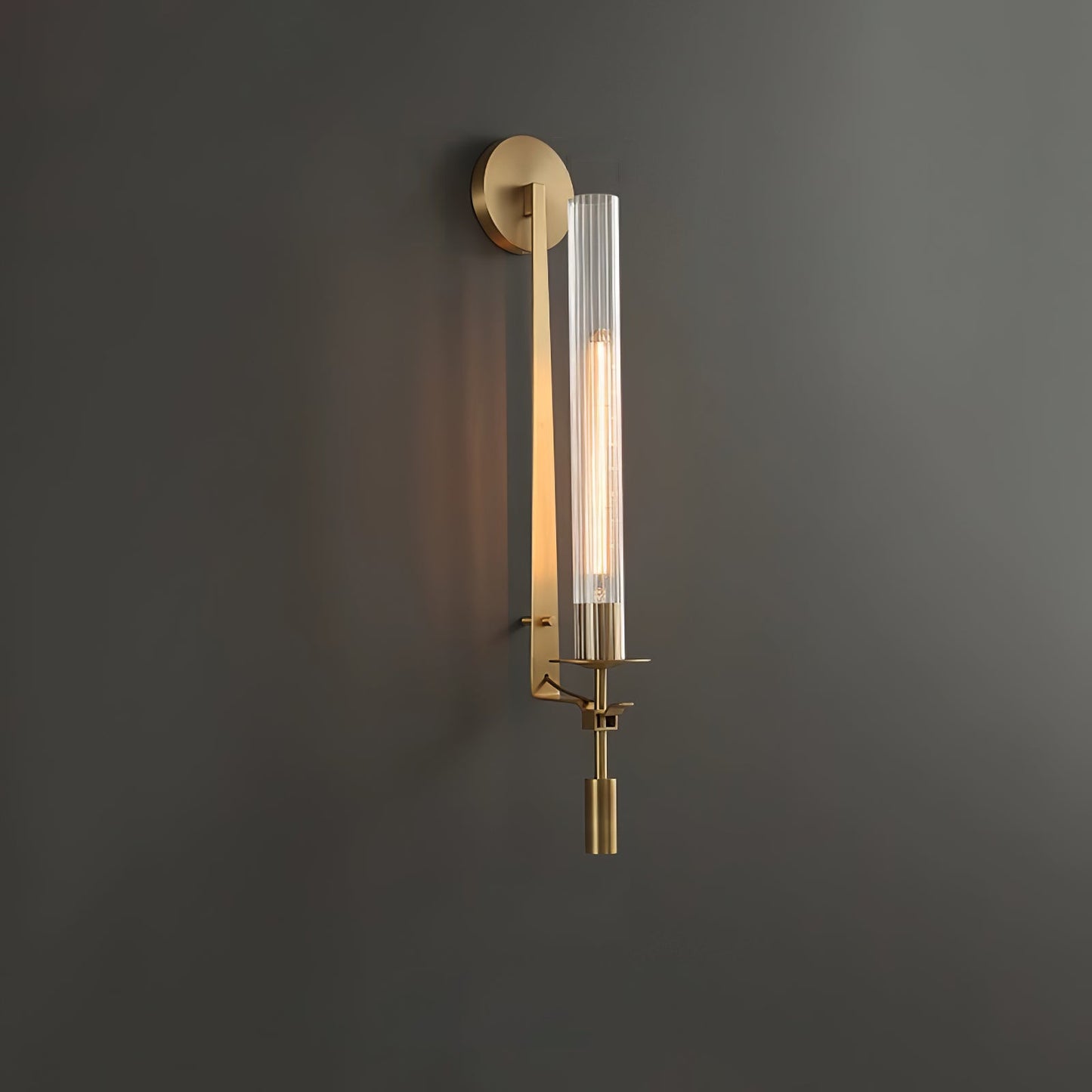 Vintage Ribbed Glass Brass Wall Sconce